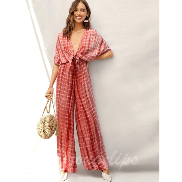 Tie Dye Jumpsuit Red Wide Leg Tie Front Deep V-Neck - Picture 2 of 7